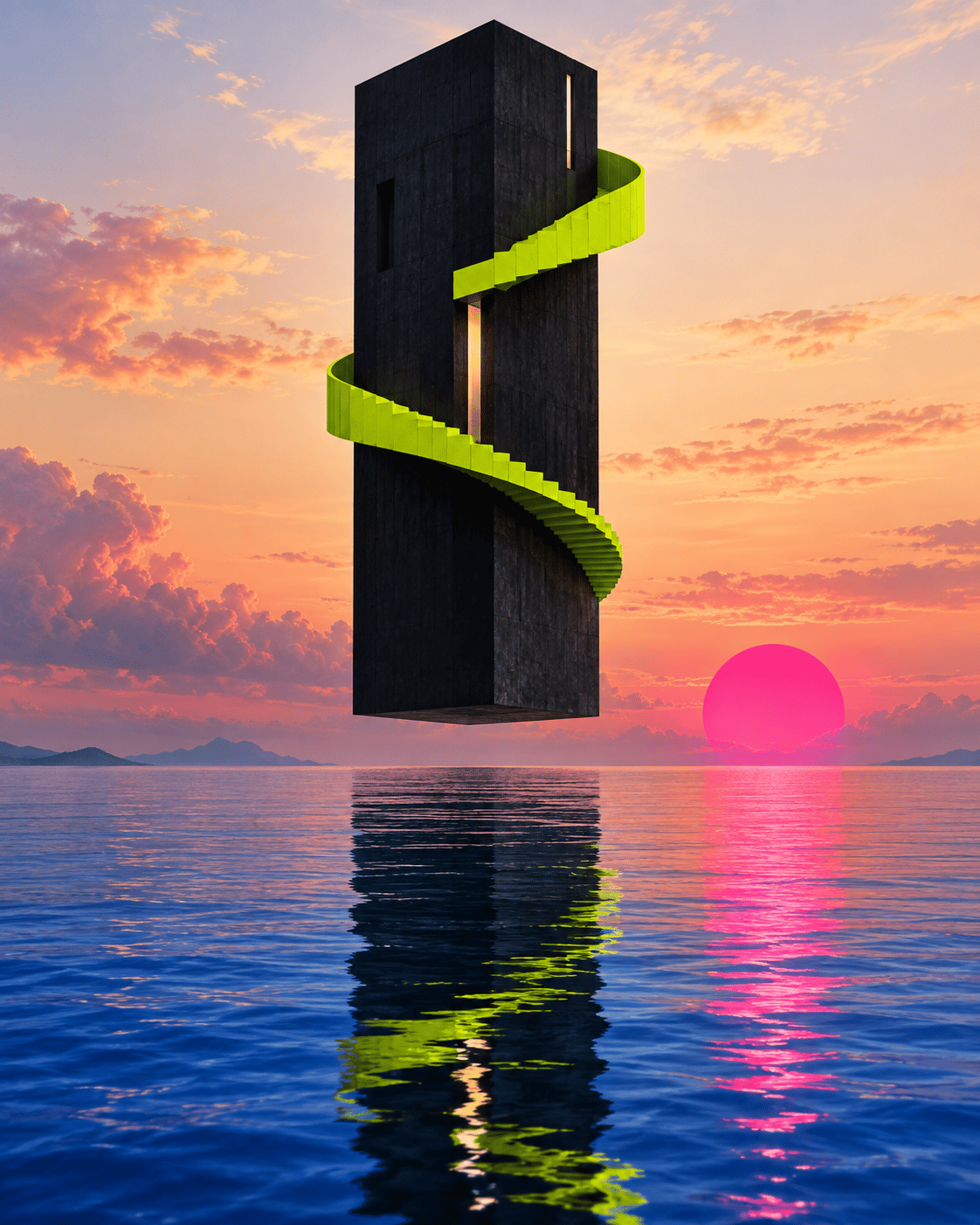 Black floating tower over blue water with a green stair
