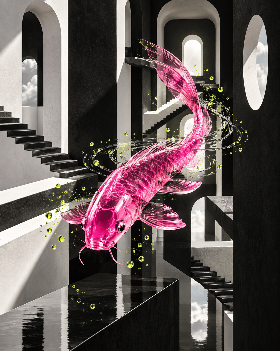 Pink glass koi moving through black and white architecture