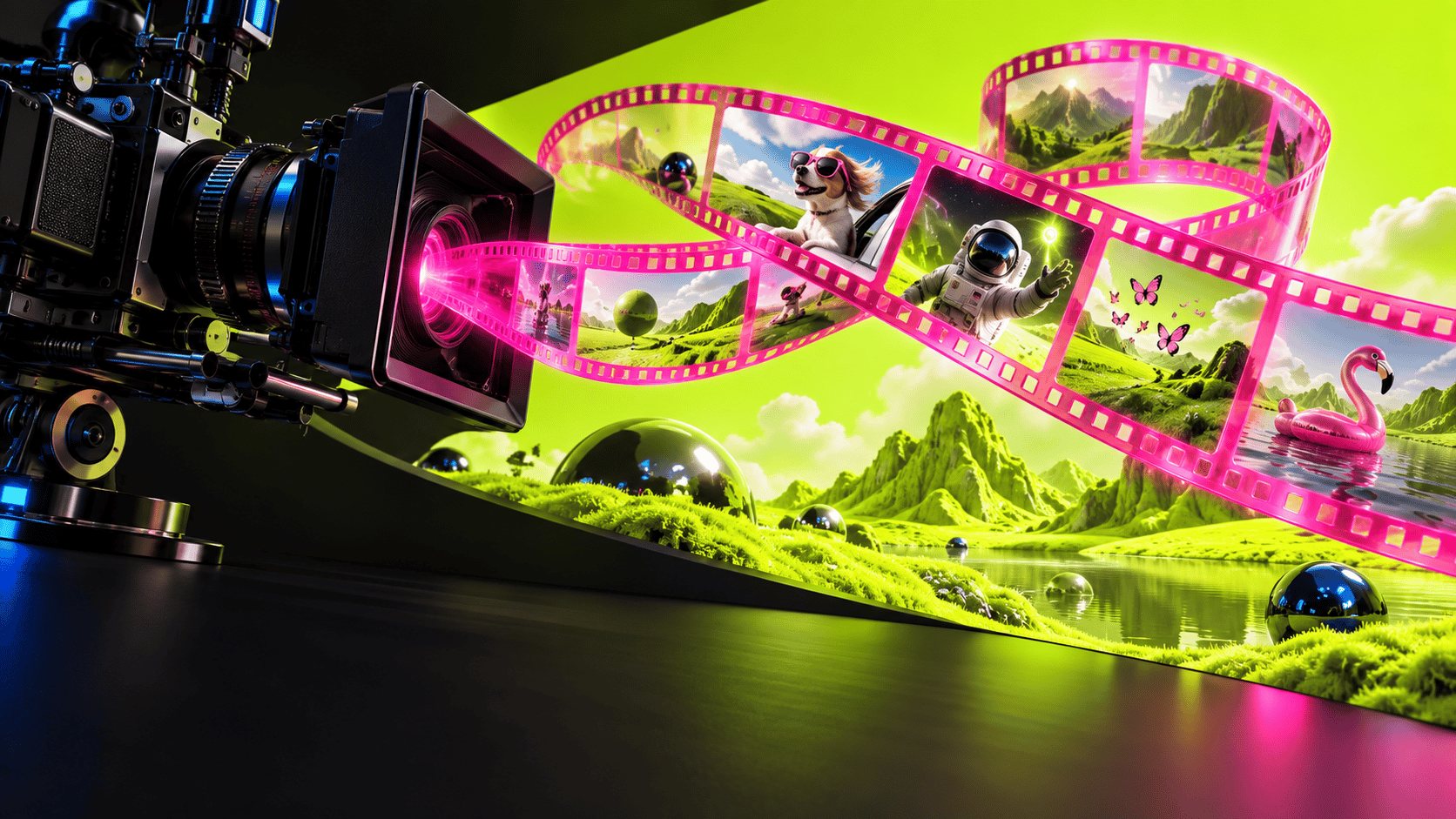 Camera and moving film strip in a surreal BSlate studio