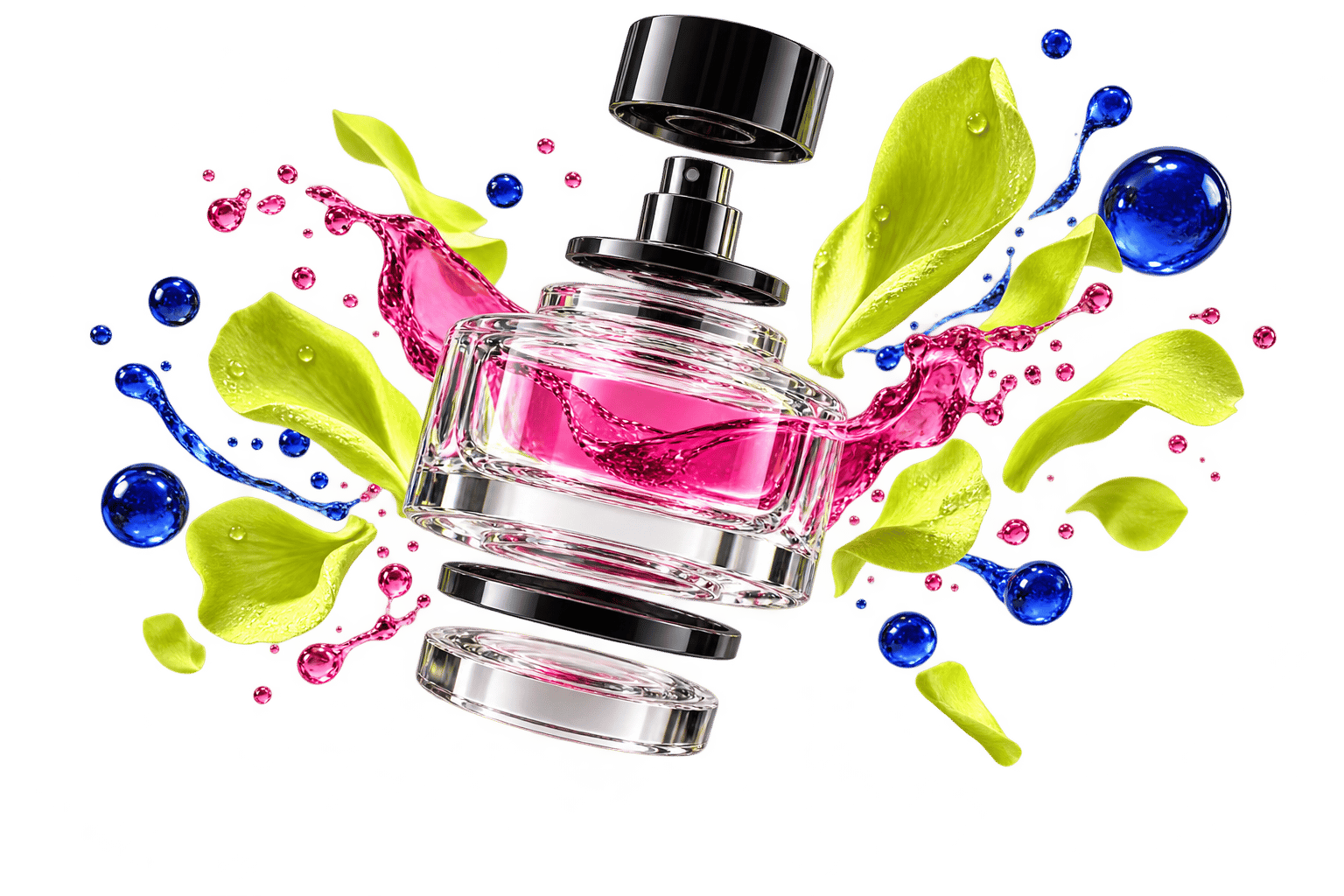 Perfume bottle separated into colorful animated layers