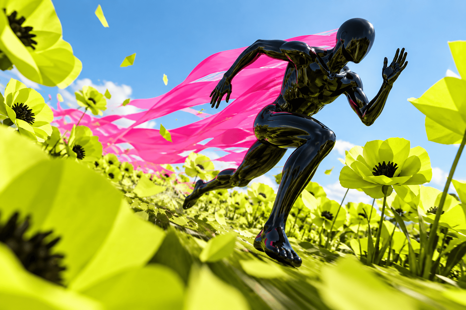 Glossy black runner crossing a chartreuse flower field